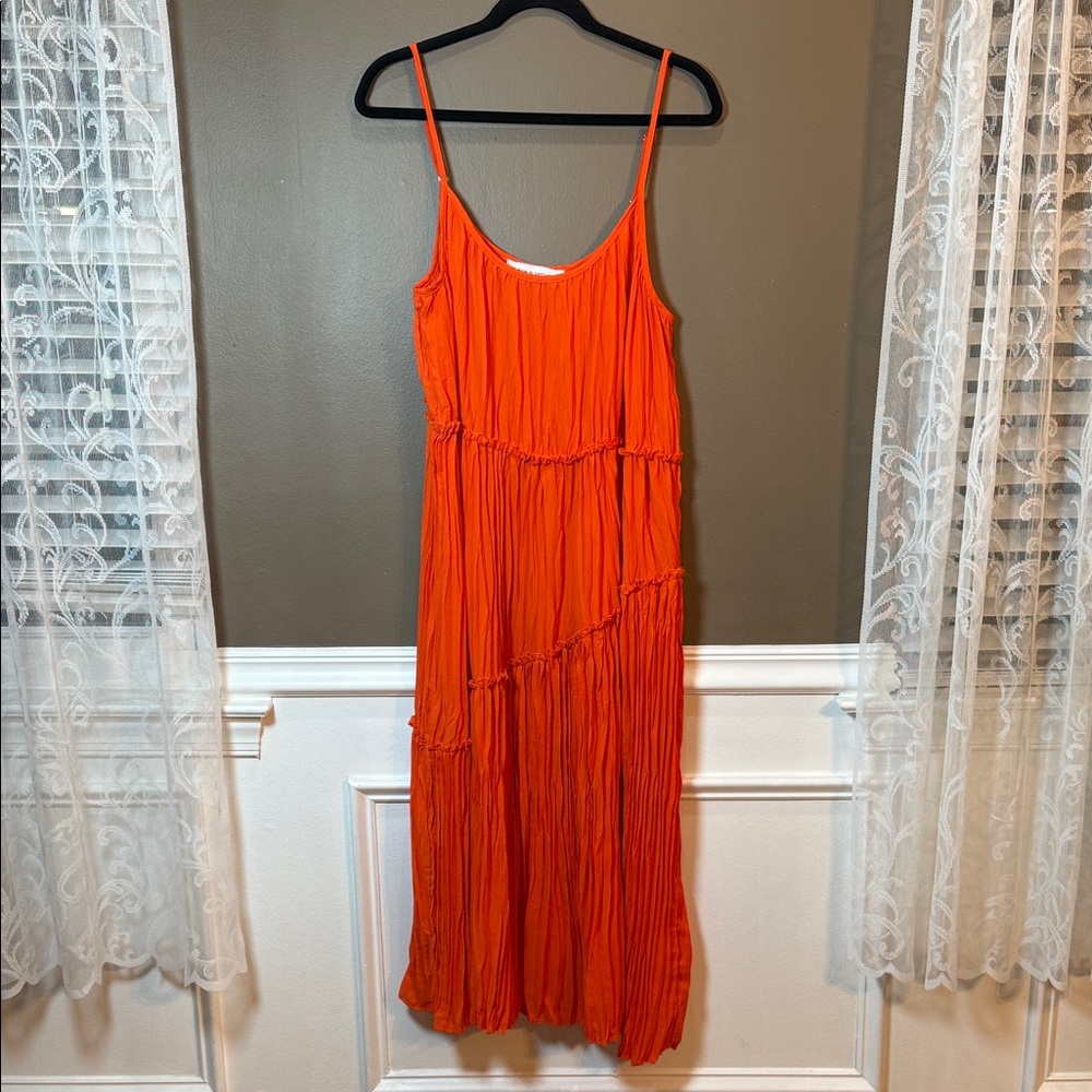 Emma & Michele Orange Tiered‎ Midi Dress 1X Flowy Crinkle Resort